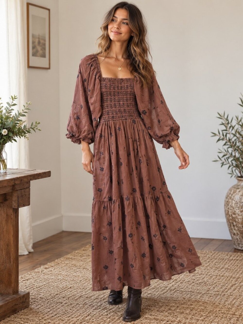 Free People Dahlia Embroidered Maxi Dress S RRP Brown